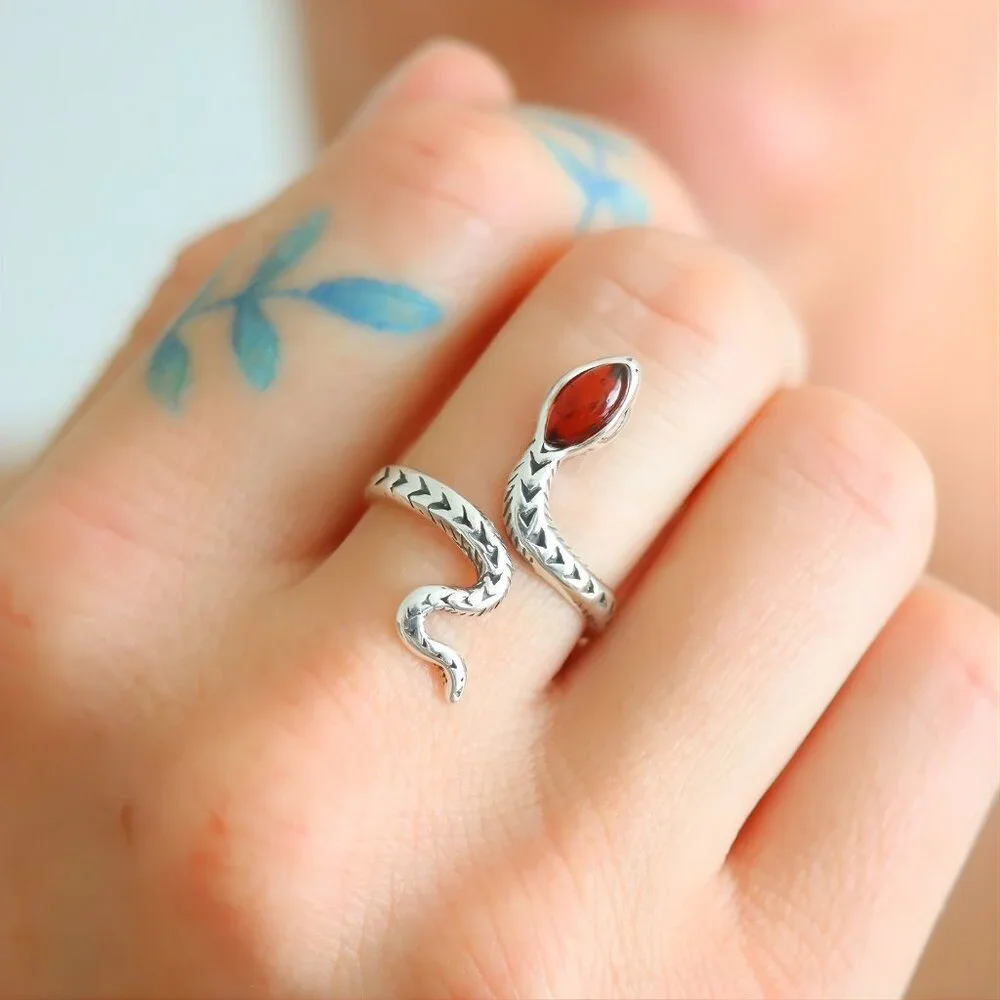 Baltic Cherry Amber Snake Ring in Sterling Silver